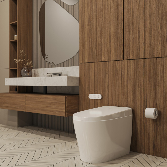 IBT-1000 Sutro Integrated bidet toilet seat in white; modern bathroom, walnut wooden floors and vanity with contrasting blue and white walls