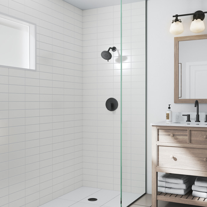 Matte Black Nebia Yuba 5-Setting Fixed Showerhead  installed modern bathroom