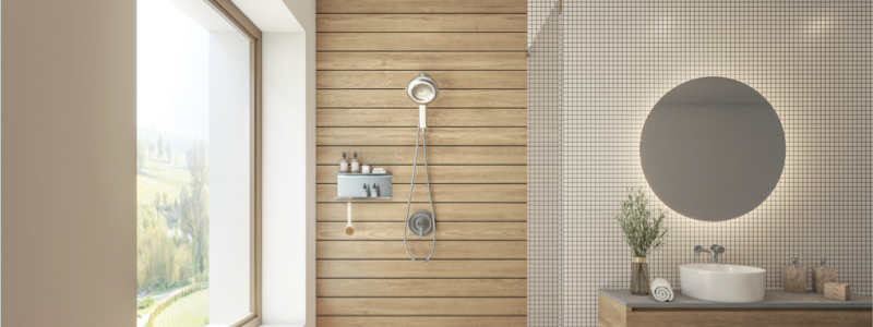 Brondell water-saving shower head in modern bathroom.