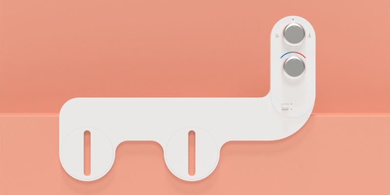 SimpleSpa Eco Advanced Warm Water Bidet Attachment shown against a peach background, featuring dual control knobs and a sleek white mounting design.