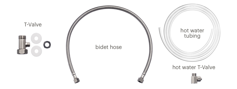 Hardware components for bidet installation, including a T-valve with washers, a stainless steel bidet hose, hot water tubing coil, and hot water T-valve.