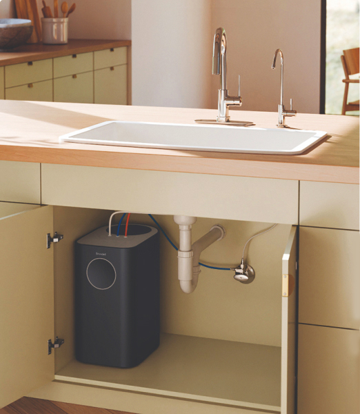 Brondell Circle Reverse osmosis water filtration installed under mid century modern kitchen cabinet
