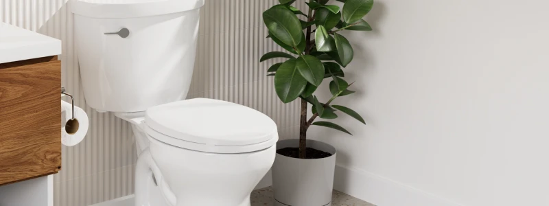 White toilet with a sleek, modern bidet toilet seat installed in a contemporary bathroom, featuring a wood vanity, neutral walls, and a potted green plant.