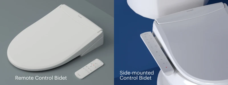Comparison of Brondell bidet toilet seats showing a wireless remote control model and a side-mounted control model, highlighting two convenient operation options.
