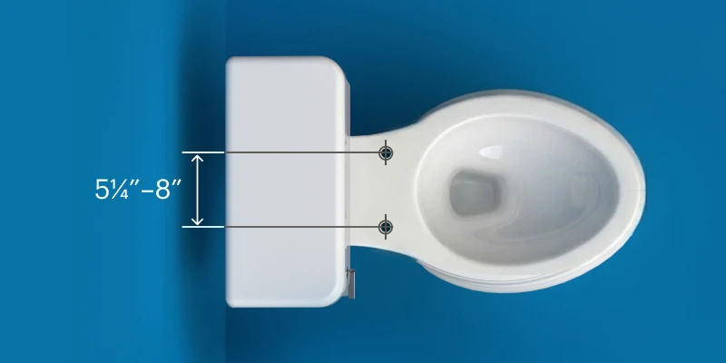 Overhead diagram of a toilet showing mounting bolt spacing between 5.25 and 8 inches, highlighting the measurements needed for bidet toilet seat compatibility.