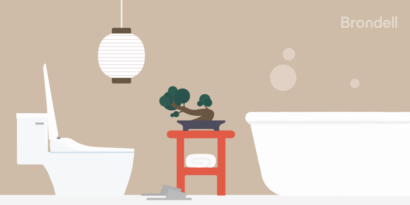 graphic bidet toilet seat with hanging oriental lantern and red side table with green bonzai tree and bubbling hot modern bathtub against tan background