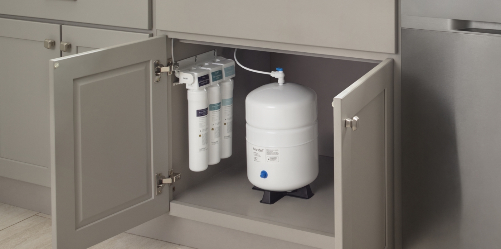 Brondell Capella Water Filtration System installed under sink.