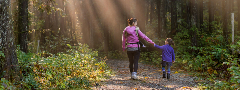 Mother and daughter holding hands on a hike in a wooded forest with sun shining down through the trees.