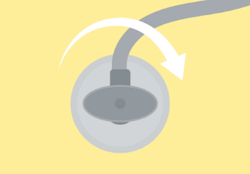 right arrow above inlet valve of toilet plumbing connection against yellow background