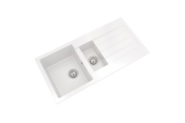 Ceki Matt White Comite 1.5 Bowl Kitchen Sink and Drainer 1000 x 500mm Left or Right Handed Supplied with Chrome Basket Strainer Wastes