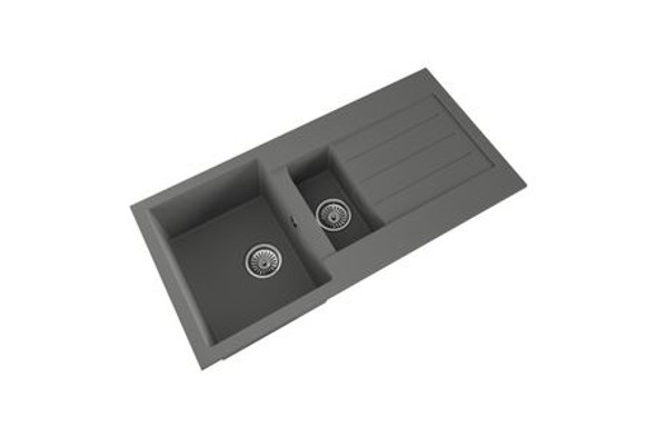 Ceki Grey Comite 1.5 Bowl Kitchen Sink and Drainer 1000 x 500mm Left or Right Handed Supplied with Chrome Basket Strainer Wastes