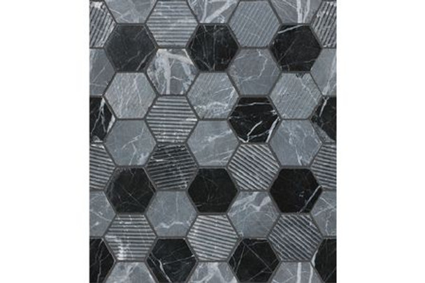 Verona Midnight Stone Hexagon Black Marble Mixed Mosaic Wall Tile Black 300 x 300 mm Per Sheet