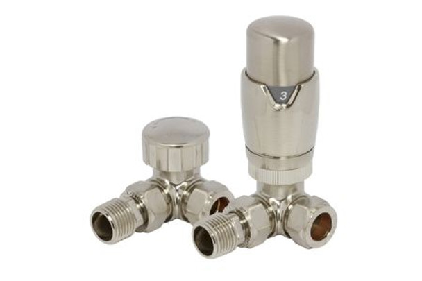 Towelrads Corner Thermostatic Radiator Valve and Lockshield Set Round Brushed Nickel 105 mm x 65 mm 129024 (927413)