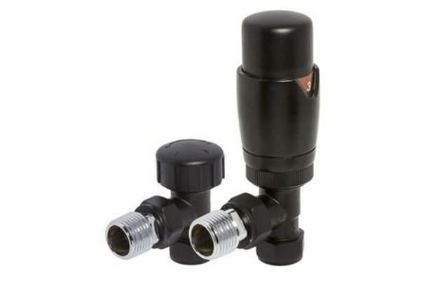 Towelrads Thermostatic Radiator Valve Angled and Lockshield Set Round Black 105 mm x 65 mm 129020