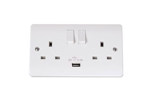 Click Mode 13A 2 Gang Switched Socket Outlet with Single 2.1A USB Outlet 146 mm x 86 mm x 9.5 mm CMA770 - 10 Units
