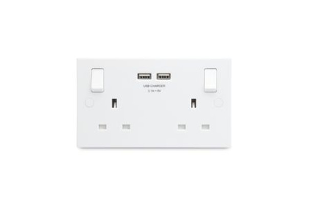 BG White Square Edge 13 A Double Switched Socket with USB Charger 922U3 - 10 Units