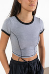 Gray Ribbed Contrast Seams Ringer Tee