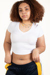 Extended Sizes White Ribbed V Neck Crop Tee