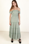Spring Green Over The Shoulder Tiered Maxi Dress