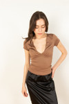 Brown Plunge V Neck Tee