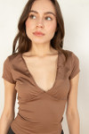 Brown Plunge V Neck Tee