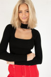 Black Ribbed Mock Neck Cut Out Sweater