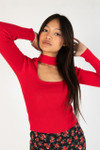 Red Ribbed Mock Neck Cut Out Sweater