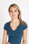 Blue Notched Ribbed Crop Tee