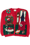 Hand Knit Christmas Night Fireplace Scene Ugly Christmas Cardigan 61456