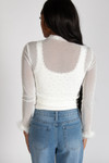 Long Sleeve Fur Trim Rhinestone Mesh Top