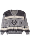 Vintage Gray Geometric Striped V Neck 80s Sweater