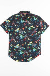 Black Trapper Keeper Print Woven Button Up Shirt