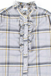 Grey Plaid Ruffle Trim Button Up Blouse