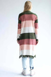 Peach & Olive Striped Destructed Long Cardigan