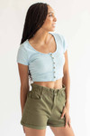 Blue Ribbed Button Up Crop Tee