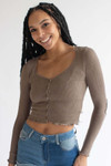 Cocoa Brushed Thermal Button Up Top