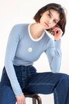 Blue Embroidered Daisy Long Sleeve Tee