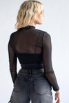 Black Ruched Front Long Sleeve Mesh Top