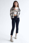 Taupe Linen Blend Plaid Cropped Jacket