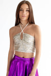 Champagne Sequin Ruched Neck Halter Top