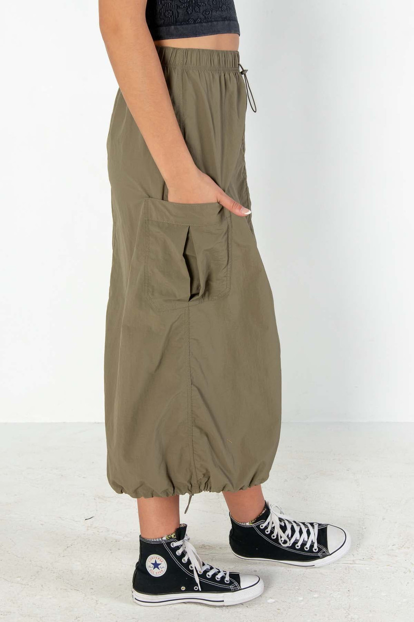 Olive Nylon Cargo Maxi Skirt