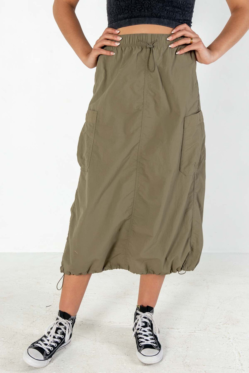 Olive Nylon Cargo Maxi Skirt