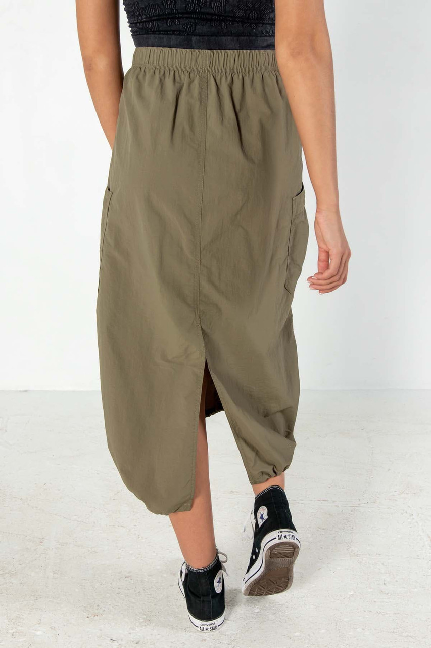 Olive Nylon Cargo Maxi Skirt