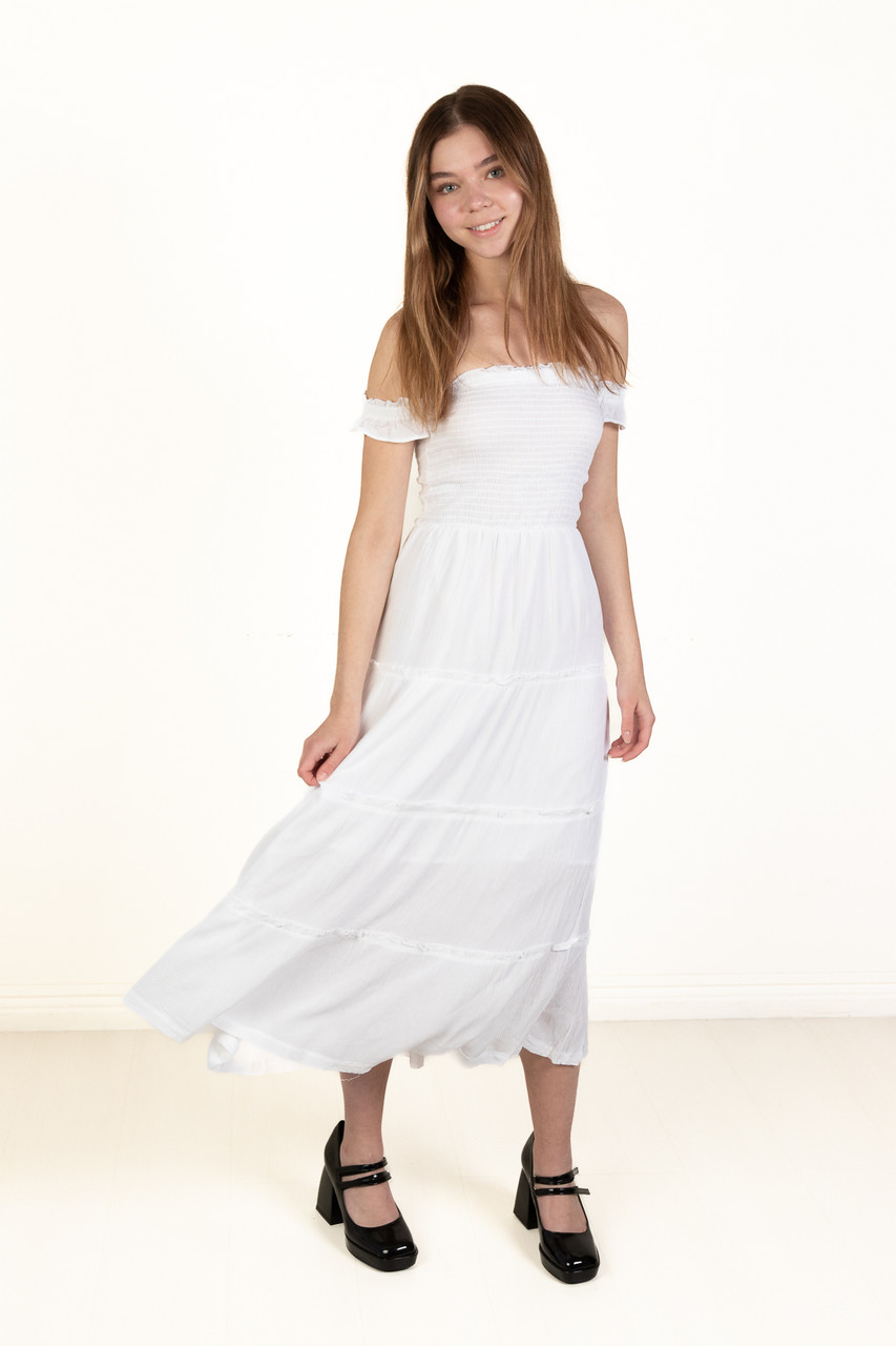 White Over The Shoulder Tiered Maxi Dress