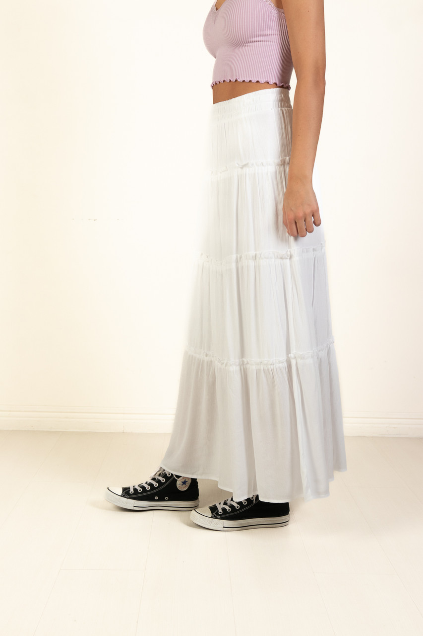 White Ruffle Tiered Maxi Skirt