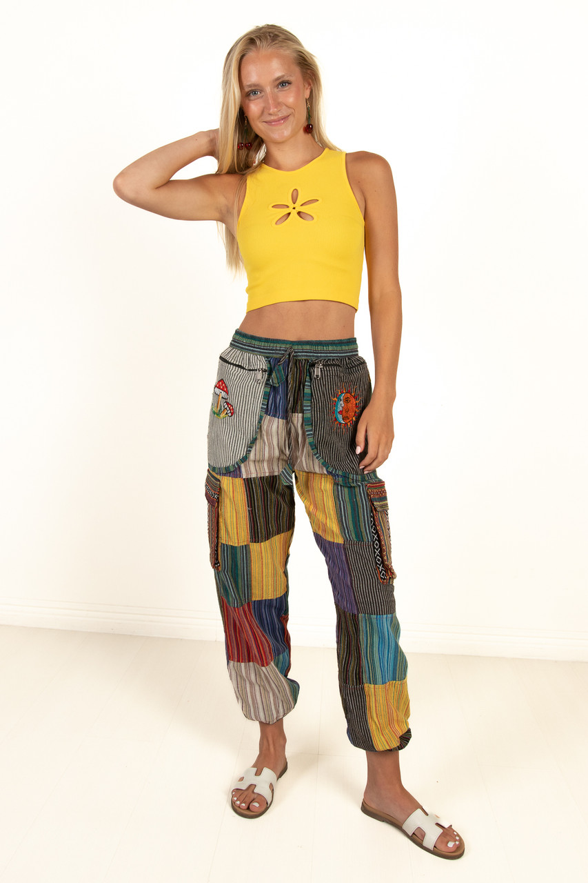 Cargo Embroidered Patchwork Pants