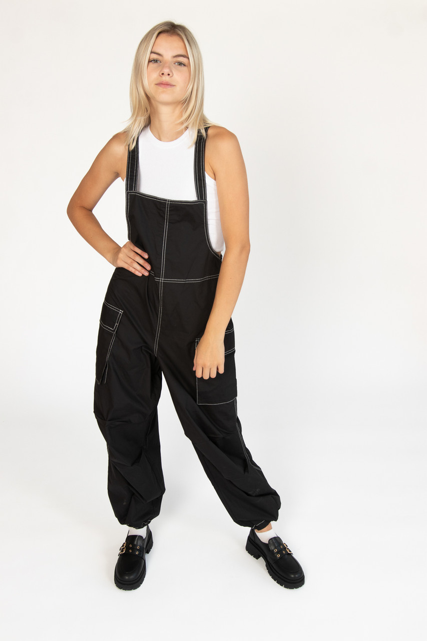 Women Dark Grey Front Pockets Parachute Dungaree Dress