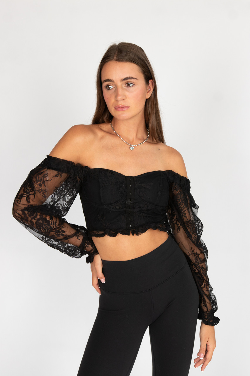 Black Lace Corset Top - Long Sleeve Lace Top - Bustier Crop Top