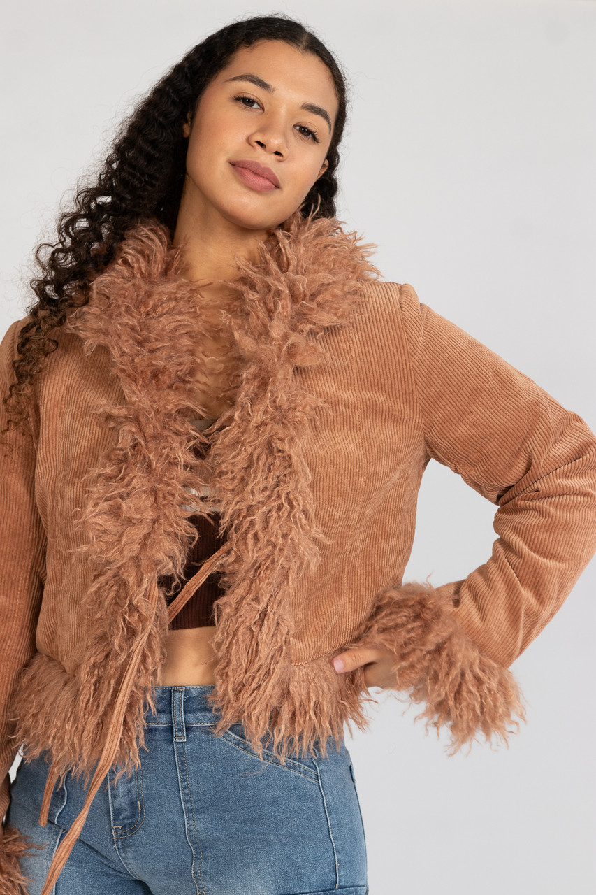 Faux Fur Trim Corduroy Jacket