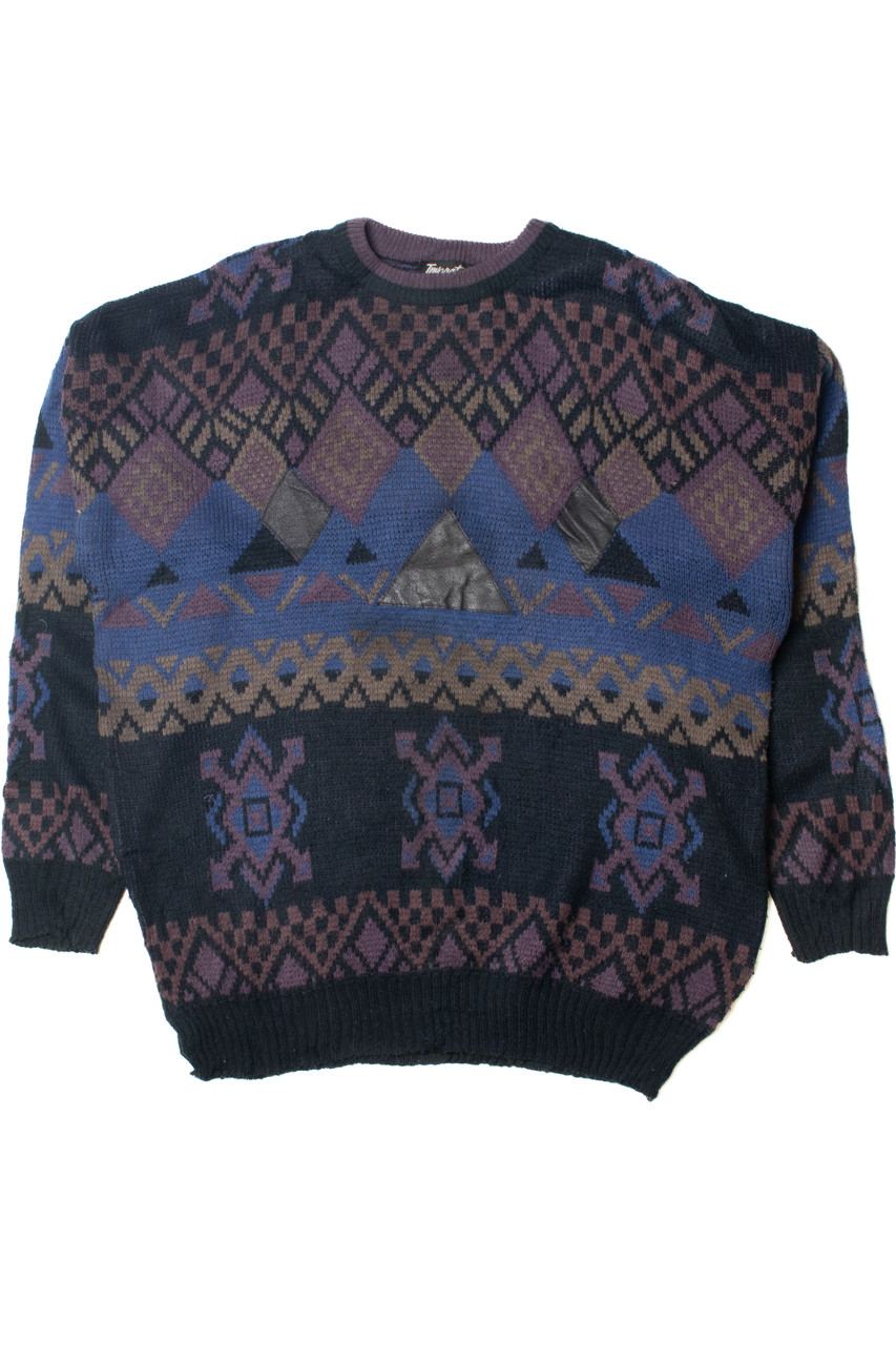 Vintage Purple Geometric Leather Applique 80s Sweater